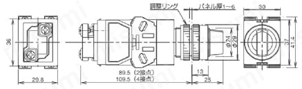 φ22 TWシリーズ照光セレクタスイッチ 定格電圧AC380V以上、DC110V用機種の場合外形図