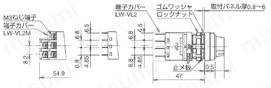 φ22 LWシリーズ 照光セレクタスイッチ 外形図