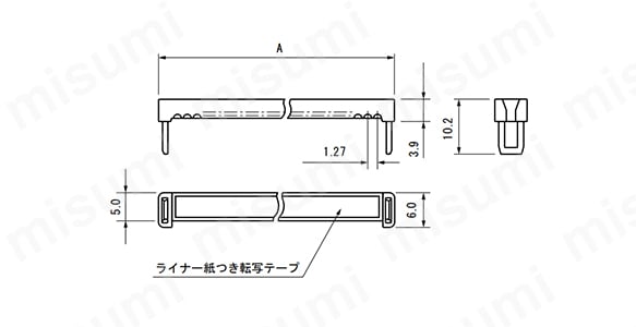 カバー（オープンエンド型裏面粘着剤つきの場合）の寸法図