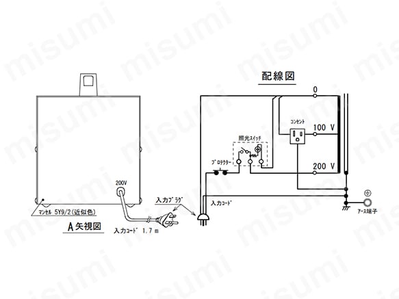 KS200-06の矢視図と配線図 単位 : mm。
