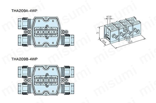 THA209A-4WP/ THA209B-4WPの寸法図。