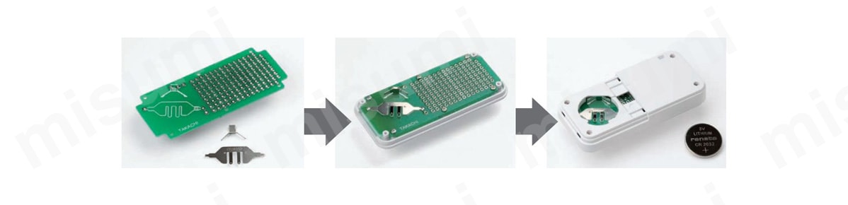 付属の電池端子を基板に実装、ケース上カバーに基板を取付