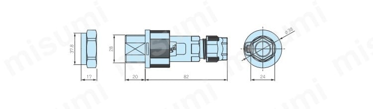 THB406型 パネルマウント防水コネクタの寸法図。