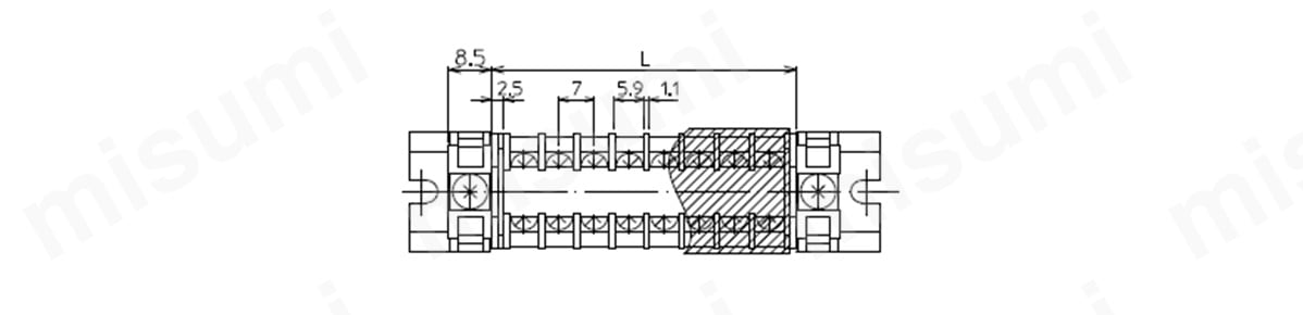 レール取付型セルフアップ式端子台RT-10シリーズの寸法図 端子台全長L=端子幅（7mm）×極数（P）+側板2枚（5mm） 記名板の長さ=端子幅（7mm）×極数（P）+2 カバーの長さ=端子幅（7mm）×極数（P）+2