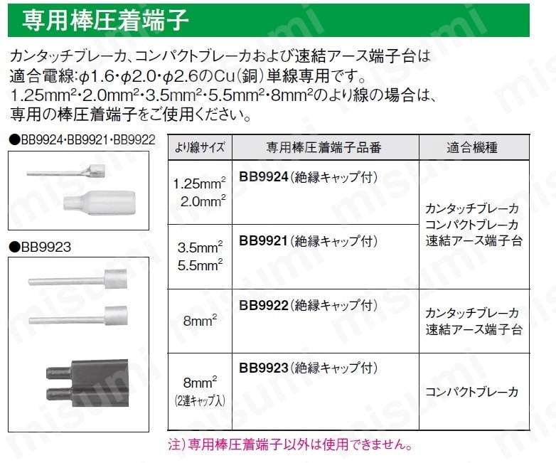 カンタッチブレーカ、コンパクトブレーカ、速結アース端子台用 専用棒圧着端子:関連画像