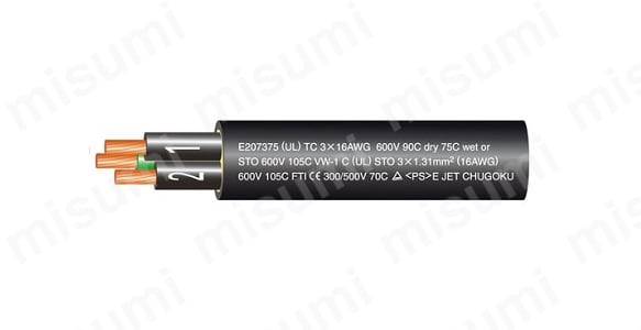 600VUL・CE・TC・PSE規格ビニル絶縁電源用ケーブルの表面表示例（3c×16AWG）