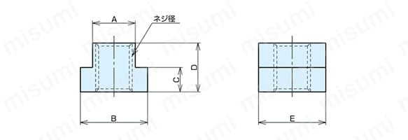 Tスロットナット（ネジ穴貫通タイプ）の外形図