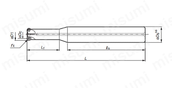 TACフラッシュ小径ラジアスミル EWDの寸法図 Max.ap／型番EWD05：2.5mm、EWD07：3.5mm、EWD10：5.0mm