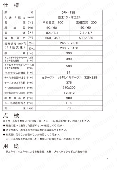 型番 | 卓上ボール盤,12段変速 | トラスコ中山 | MISUMI(ミスミ)