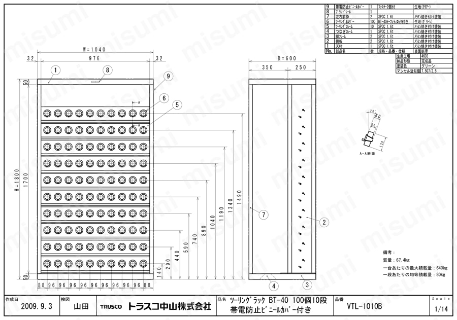ツーリングラック VTL型 （帯電防止ビニールカバー付） VTL-1010B図面