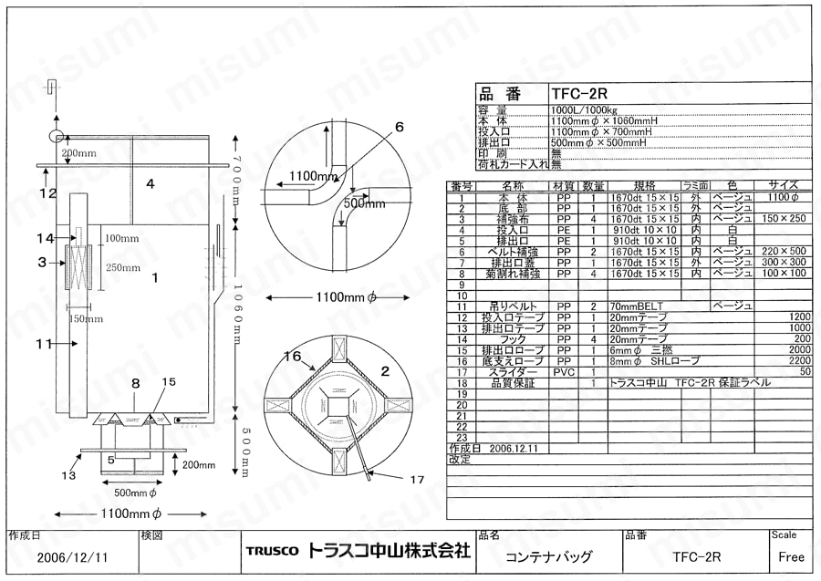 コンテナバッグ（JIS Z 1651 相当品） TFC-2R図面