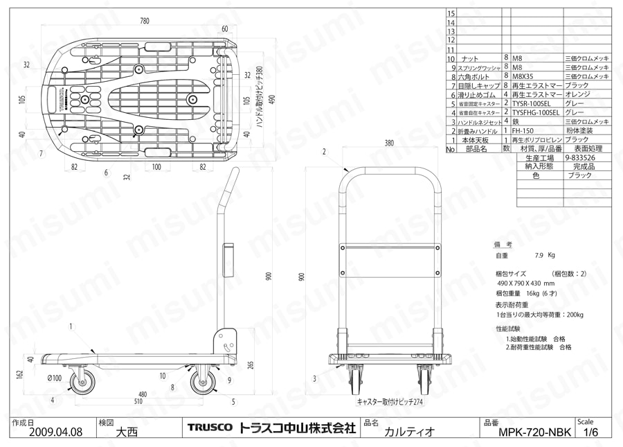 MPK-720-B | 軽量樹脂製運搬車 カルティオ （折りたたみハンドルタイプ