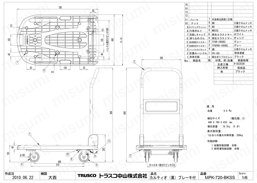 MPK-720-B | 軽量樹脂製運搬車 カルティオ （折りたたみハンドルタイプ