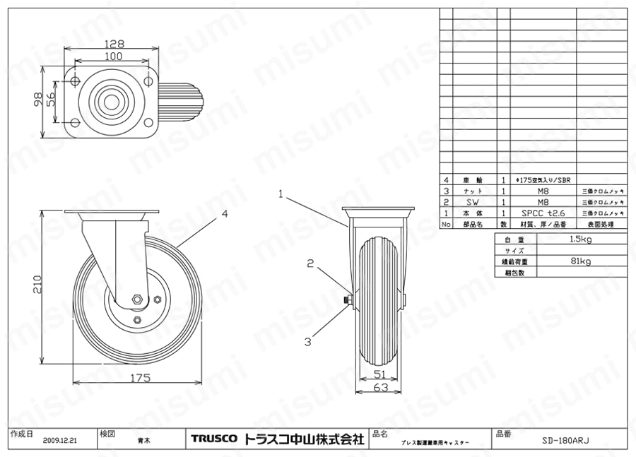 運搬車用取り替えキャスター SD-180ARJ図面