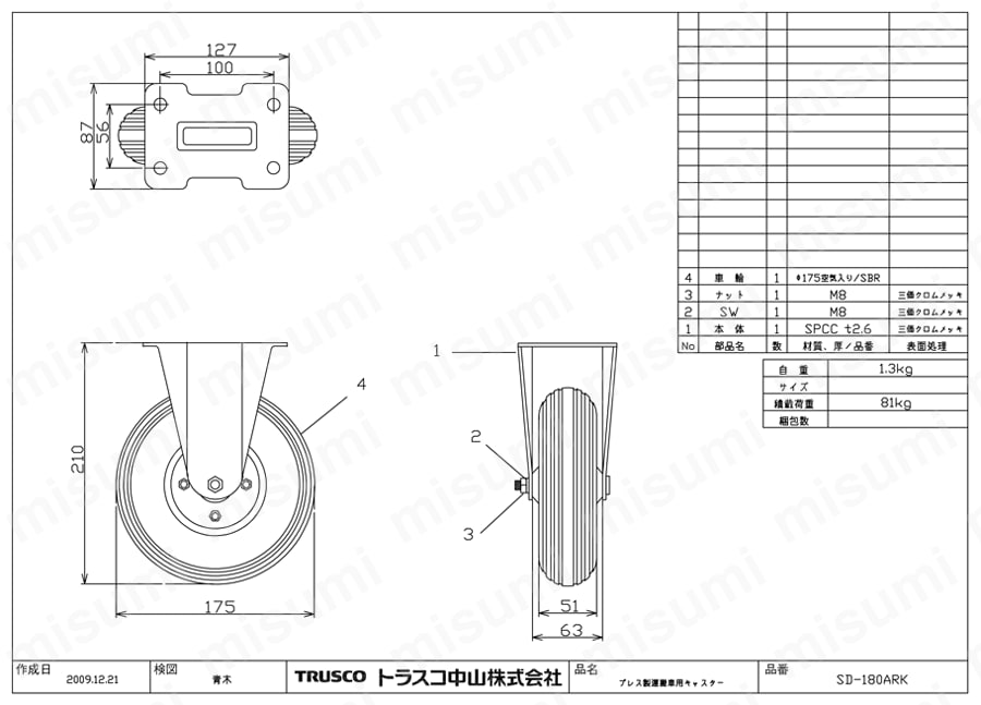 運搬車用取り替えキャスター SD-180ARK図面