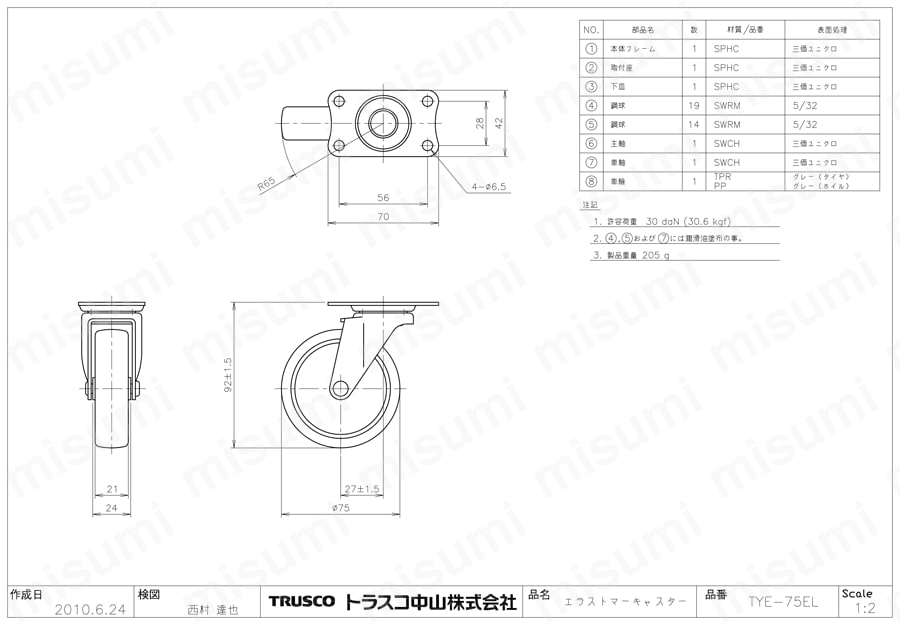 運搬車用取り替えキャスター TYE-75EL図面