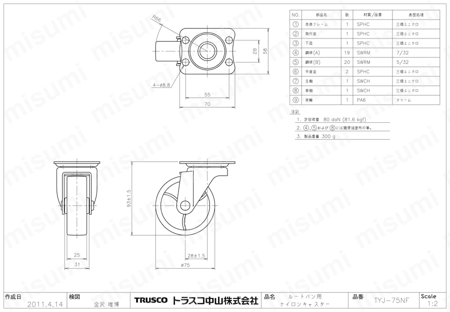 運搬車用取り替えキャスター TYJ-75NF図面