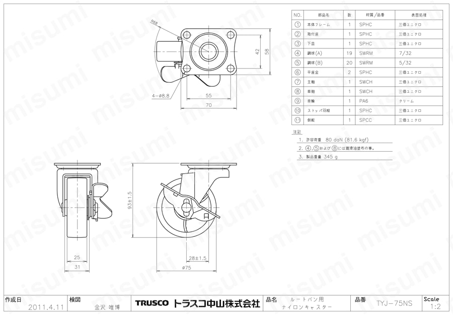 運搬車用取り替えキャスター TYJ-75NS図面