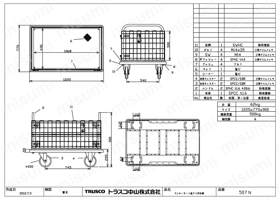 107N | プレス製運搬車 ドンキーカート （金網付タイプ） | トラスコ