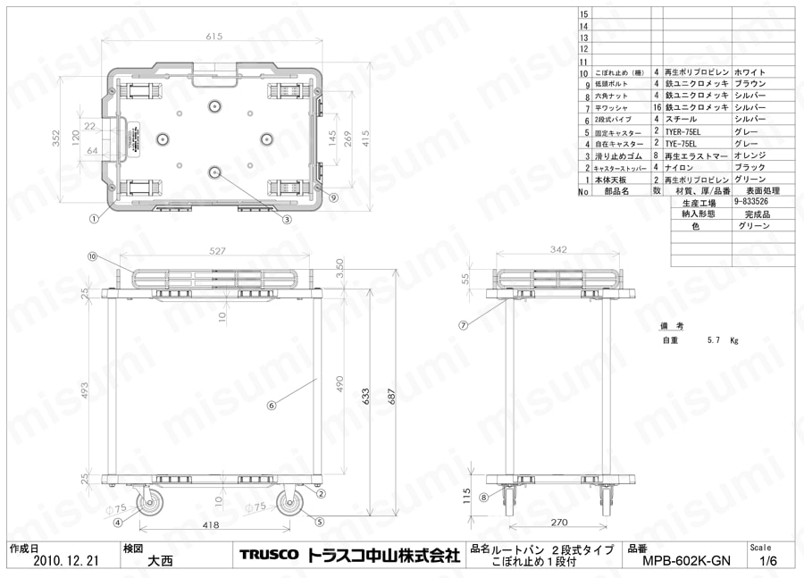 連結型樹脂製台車 ルートバン 3段式 こぼれ止め付 MPB-602K-GN図面
