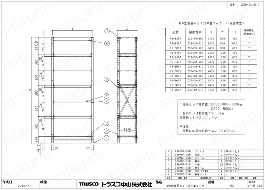 中量ボルト式棚 R3型 （300kgタイプ、高さ2400mm、7段タイプ） R3図面