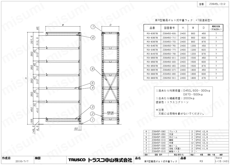 中量ボルト式棚 R3型 （300kgタイプ、高さ2400mm、7段タイプ） R3-B図面