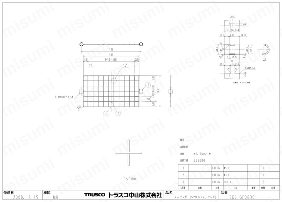 ステンレス製メッシュガードパネル（SUS304） SES-GP0630図面