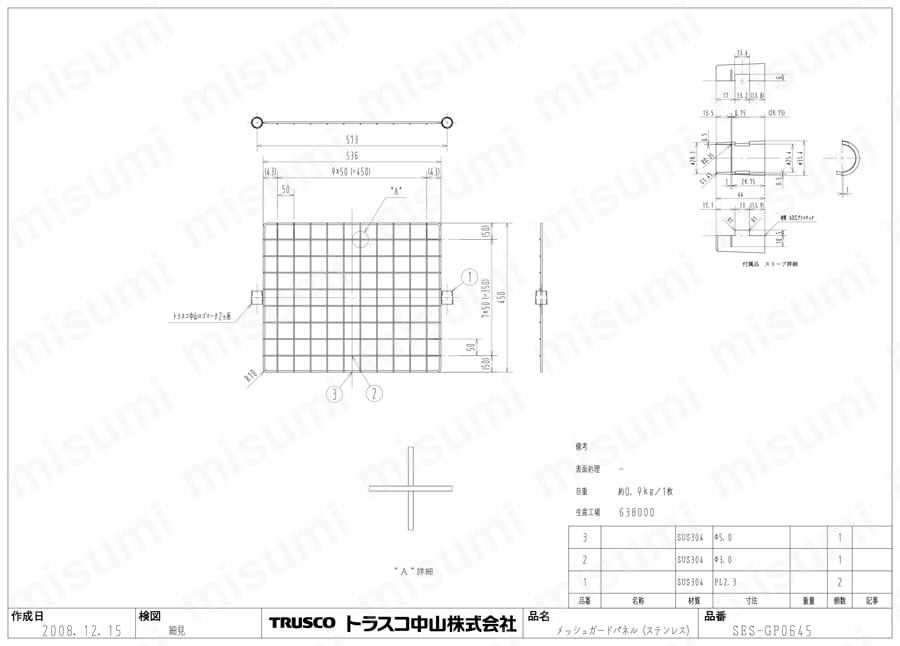 ステンレス製メッシュガードパネル（SUS304） SES-GP0645図面