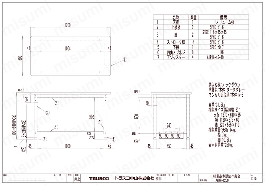 軽量高さ調節式作業台（基本タイプ） | トラスコ中山 | MISUMI(ミスミ)