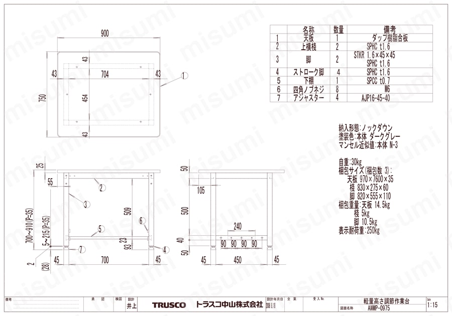 トラスコ中山 AEWP型作業台 900×600×H740 薄型1段引出付 AEWP-0960UDK1
