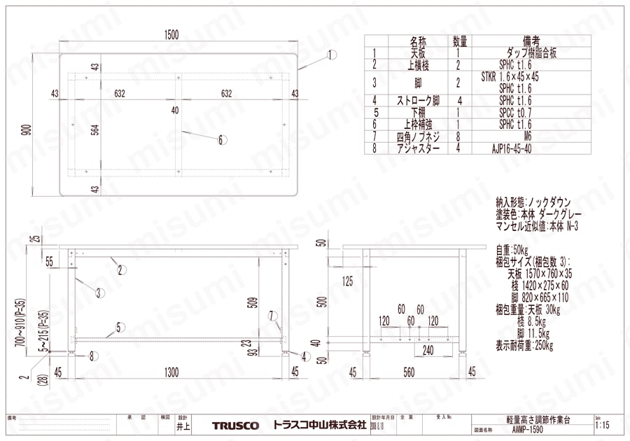 軽量高さ調節式作業台（基本タイプ） AWMP-1590図面