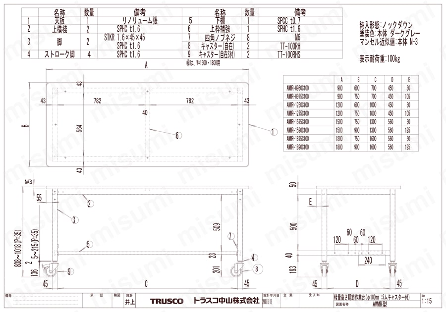 軽量高さ調節式作業台(φ100mmキャスター付) AWMP型・AWMR型・AWMS型100Kgタイプ AWMR図面