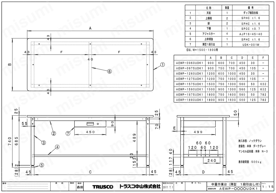 中量作業台（薄型1段引出し付） AEWP型・AEWR型・AEWS型500kgタイプ AEWP図面
