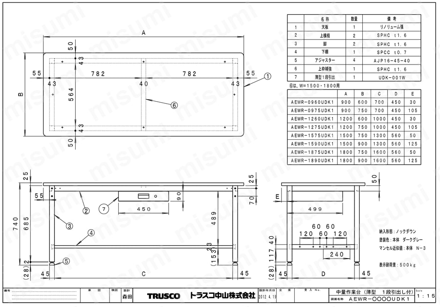 中量作業台（薄型1段引出し付） AEWP型・AEWR型・AEWS型500kgタイプ AEWR図面