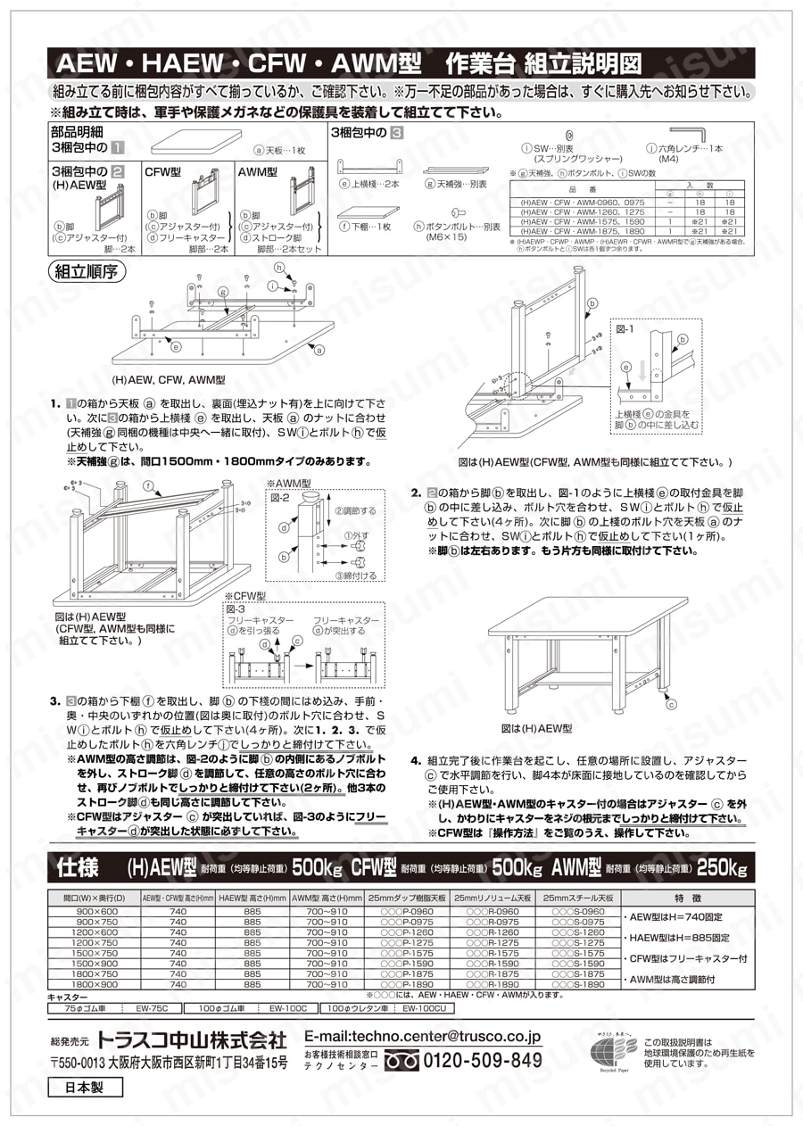 中量作業台（薄型1段引出し付） AEWP型・AEWR型・AEWS型500kgタイプ 取扱説明書-2