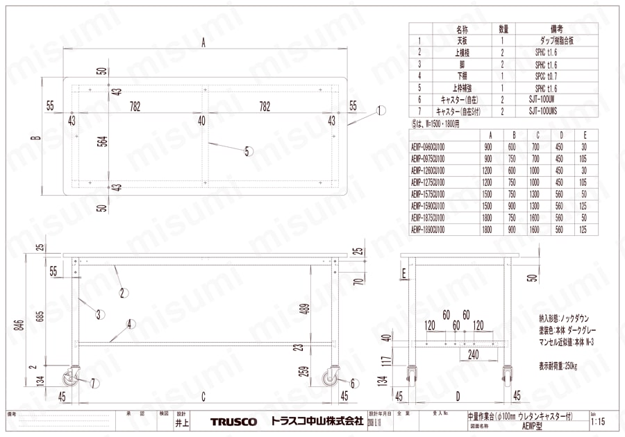 中量作業台（φ100mmウレタンキャスター付） AEWP型・AEWR型250kgタイプ AEWP図面