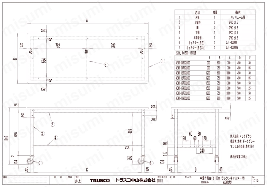 中量作業台（φ100mmウレタンキャスター付） AEWP型・AEWR型250kgタイプ AEWR図面