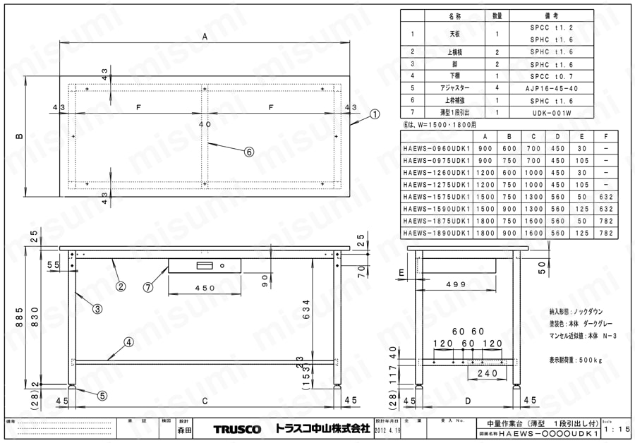 中量立ち作業台（薄型1段引出し付） HAEWP型・HAEWR型・HAEWS型500kgタイプ HAEWS図面