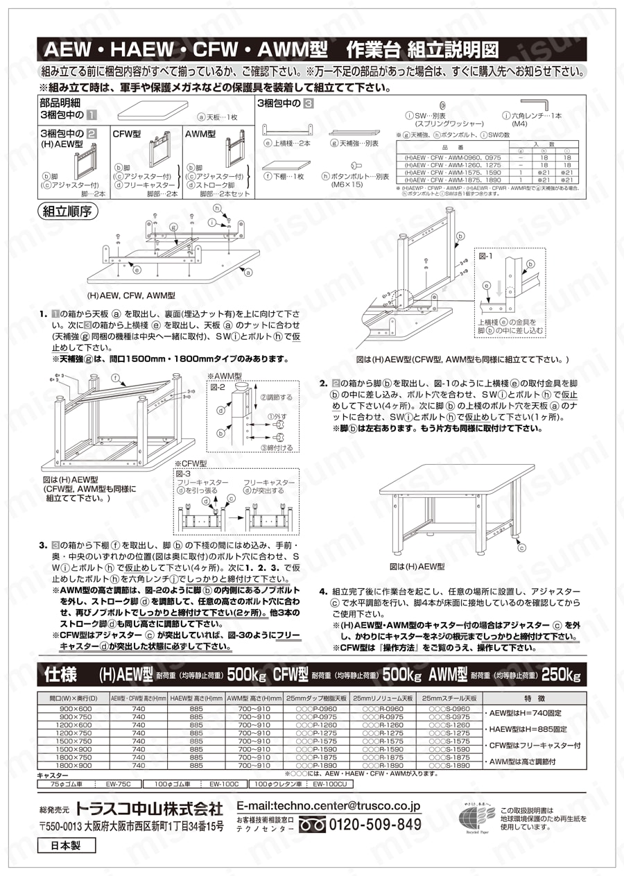 中量立ち作業台（薄型1段引出し付） HAEWP型・HAEWR型・HAEWS型500kgタイプ 取扱説明書-2