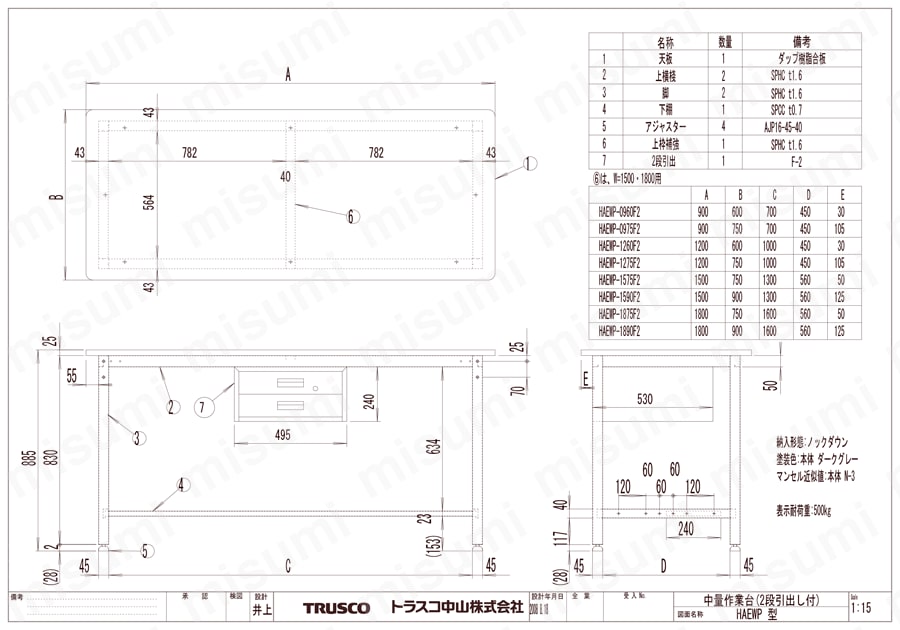中量立ち作業台（2段引出し付） HAEWP型・HAEWR型・HAEWS型500kgタイプ HAEWP図面