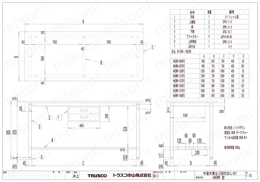 中量立ち作業台（2段引出し付） HAEWP型・HAEWR型・HAEWS型500kgタイプ HAEWR図面