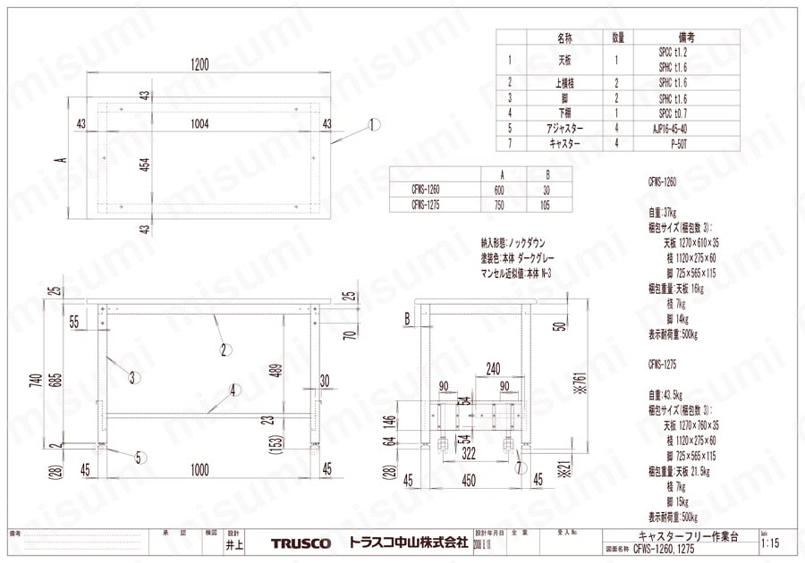 キャスターフリー作業台 （基本タイプ） CFWS-1260/CFWS-1275図面