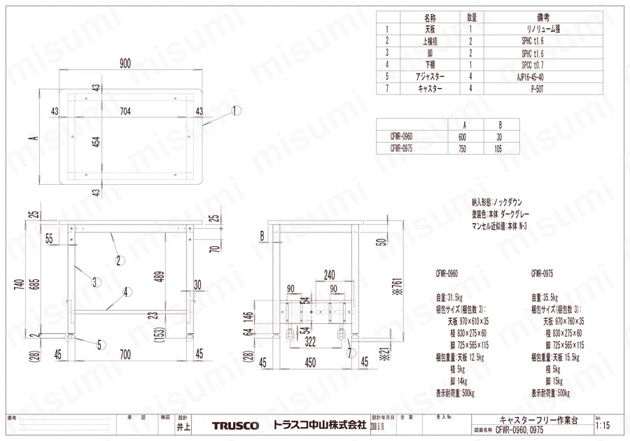 キャスターフリー作業台 （基本タイプ） CFWR-0960/CFWR-0975図面