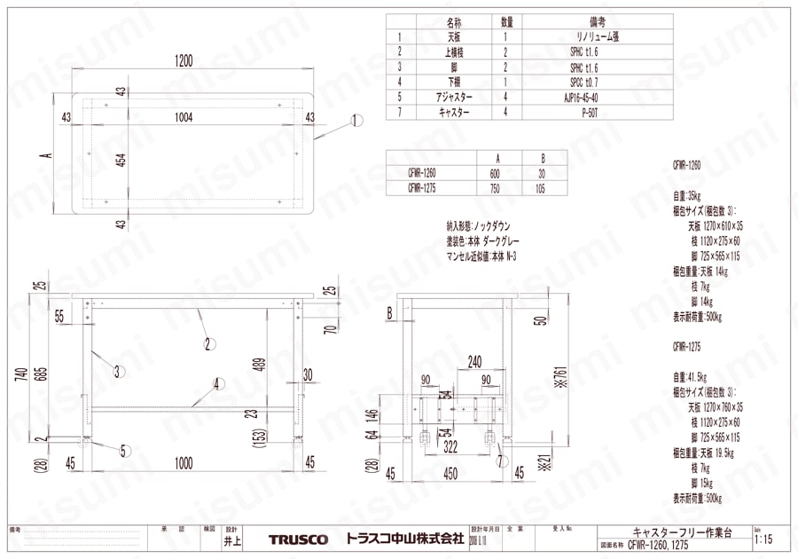 キャスターフリー作業台 （基本タイプ） CFWR-1260/CFWR-1275図面