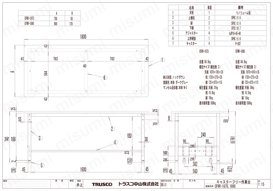 キャスターフリー作業台 （基本タイプ） CFWR-1875/CFWR-1890図面