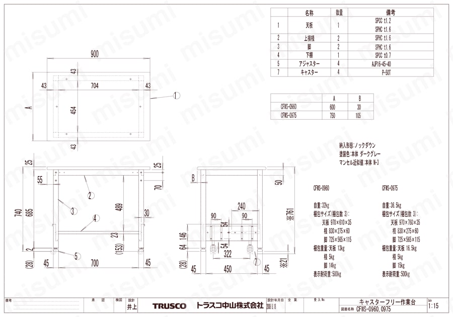 キャスターフリー作業台 （基本タイプ） CFWS-0960/CFWS-0975図面