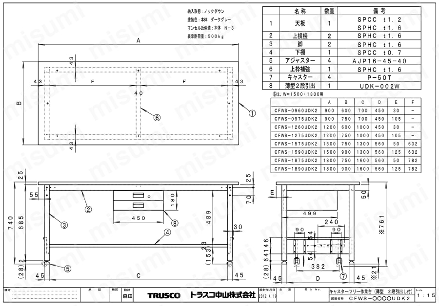 キャスターフリー作業台 （薄型2段引出し付） CFWS図面