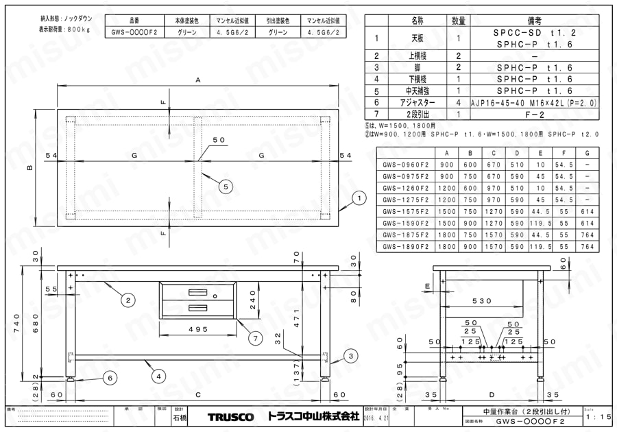 中量作業台（2段引出し付） GWS図面