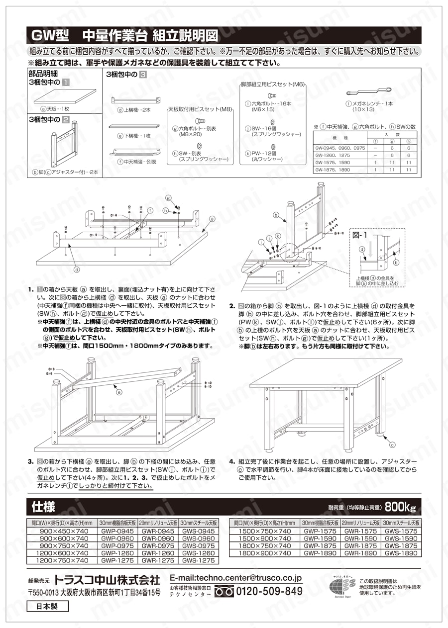 中量作業台（2段引出し付） 取扱説明書-2