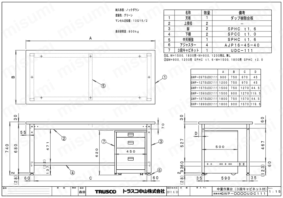 中量作業台（3段キャビネット付） GWS図面
